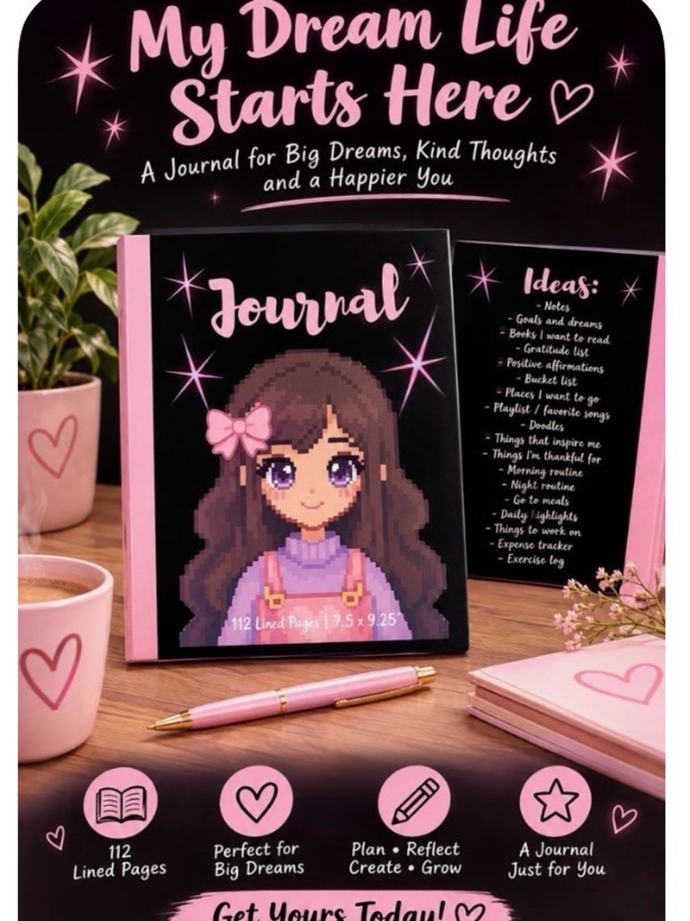 Black & Pink Journal - Cute Pixel Girl Cover